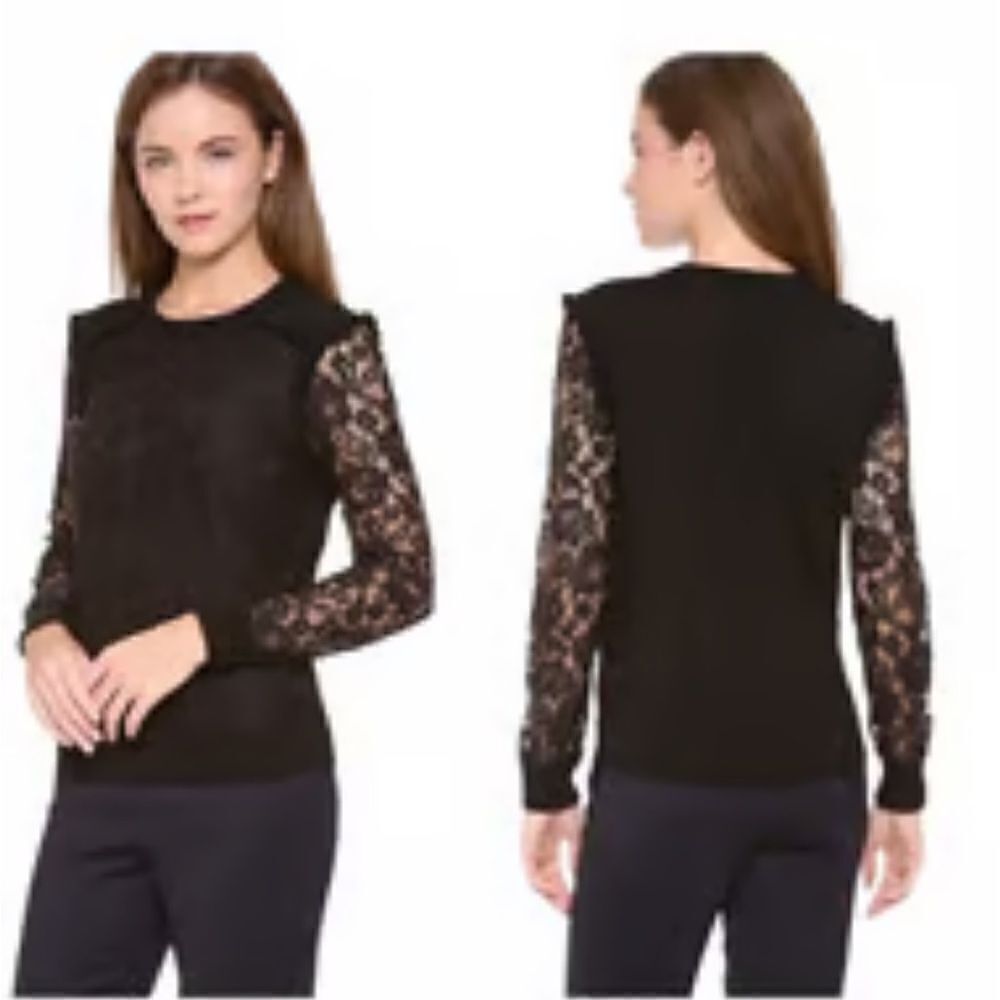 Tory Burch Dina Merino Wool Black Lace Sleeves‎ Crew Neck Black Sweater Medium